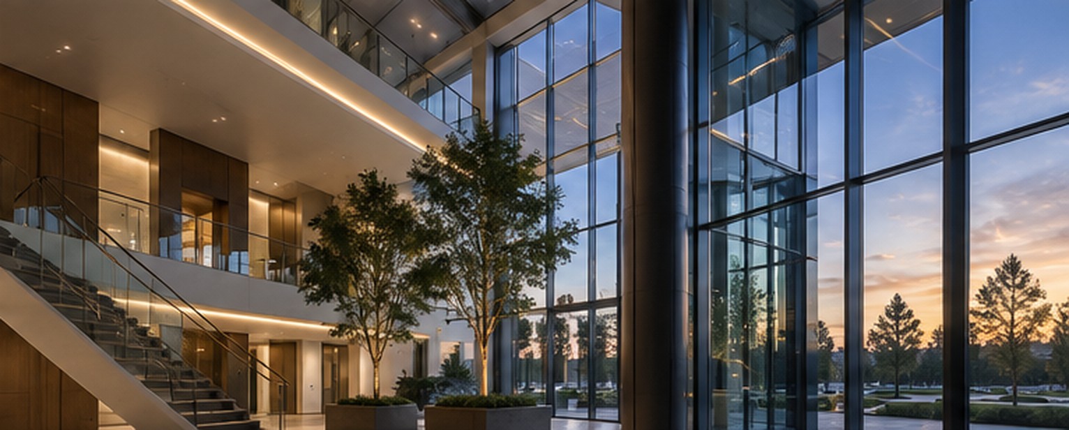 Modern commercial building interior with glass facade